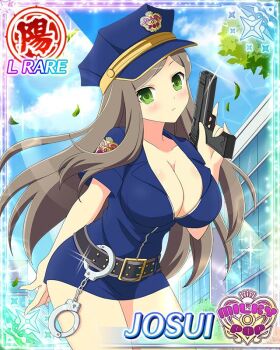 1girl bare_legs belt blue_coat border breasts brown_hair building card_(medium) character_name cleavage closed_mouth coat cuffs day english_text frown game_cg green_eyes gun handcuffs handgun hat holding holding_gun holding_weapon josui_(senran_kagura) large_breasts leaf long_hair official_alternate_costume official_art pencil_skirt police police_hat police_uniform policewoman senran_kagura senran_kagura_new_wave skindentation skirt solo swept_bangs trigger_discipline weapon