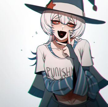 1girl black_choker blue_hair blue_nails breasts bridal_gauntlets choker collarbone colored_sclera commentary_request crossed_arms english_text fang gradient_hair hat highres korean_commentary lobotomy_corporation long_hair long_sleeves looking_at_viewer misg1111 multicolored_hair open_mouth personification project_moon punishing_bird red_sclera short_sleeves simple_background skin_fang small_breasts smile solo two-tone_hair white_background white_hair witch_hat yellow_eyes