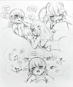 1boy age_difference bikini blush breasts brother_and_sister clothes_lift commentary english_commentary english_text fellatio graphite_(medium) greyscale hetero highres incest large_breasts licking licking_penis long_hair monochrome navel one_eye_closed onee-shota open_mouth oral original penis renocoffee shirt_lift short_hair shota siblings small_breasts small_penis speech_bubble swimsuit testicles traditional_media