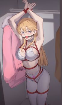 1girl absurdres armpits arms_up ball_gag bdsm blonde_hair blue_eyes bondage bound bound_arms bound_legs bound_wrists bra breasts collar crotch_rope drooling egg_vibrator female_focus gag gagged highres indoors large_breasts long_hair looking_at_viewer navel original pantyhose saliva sex_toy shibari shibari_over_clothes slave solo standing stomach tetsuffy_(tetsulul) underwear variant_set vibrator vibrator_cord vibrator_under_clothes wardrobe white_bra white_pantyhose