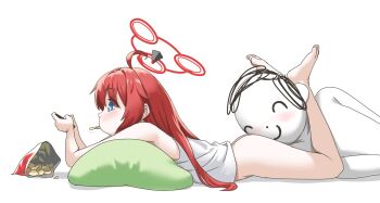Rule 34 | 1boy, 1girl, ahoge, arms up, bag of chips, bare arms, bare legs, bare shoulders, barefoot, blue archive, blue eyes, blush, bottomless, bright pupils, chips (food), doodle sensei (blue archive), eating, food in mouth, from side, full body, full moon, halo, holding, holding phone, legs up, long hair, looking ahead, looking at phone, lying, maki (blue archive), moon, on stomach, phone, pillow, potato chips, red hair, red halo, scissorhold, sensei (blue archive), simple background, solo focus, straight hair, tank top, toes, tscplayer, white background, white pupils, white tank top