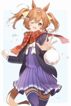 1girl ;d animal_ears argyle_bow blue_background blue_coat blush border bow bowtie brown_eyes brown_hair coat commentary cowboy_shot dated hair_between_eyes hair_bow highres holding holding_snowball horse_ears horse_girl horse_tail koishi_(kiwi0314) looking_at_viewer medium_hair multiple_hair_bows one_eye_closed open_mouth plaid_clothes plaid_scarf pleated_skirt purple_serafuku purple_shirt purple_skirt purple_thighhighs red_scarf scarf school_uniform serafuku shirt skirt smart_falcon_(umamusume) smile snowball solo tail thighhighs throwing tracen_school_uniform tracen_training_uniform twintails umamusume white_border white_bow white_bowtie winter_uniform