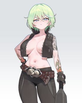 1girl absurdres arm_at_side arm_tattoo belt black_gloves black_jacket black_pants breasts brown_belt choppy_bangs closed_mouth commentary_request cowboy_shot crop_top cropped_jacket gloves gradient_background green_hair grey_background grey_eyes hair_between_eyes hand_on_own_hip highres holding jacket korean_commentary large_breasts long_bangs loose_belt multicolored_hair navel no_bra open_clothes open_jacket pants sangobob short_hair sleeveless sleeveless_jacket solo standing stellive stomach streaked_hair tattoo unzipped v-shaped_eyebrows virtual_youtuber yuzuha_riko