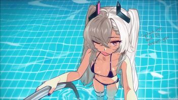 1girl ;o absurdres ahoge annoyed aseiusx bikini black_bikini braid braided_bangs breasts commentary crossed_bangs english_commentary english_text fang grey_hair hair_between_eyes highres horns indie_virtual_youtuber long_hair looking_at_viewer mechanical_horns nail_polish one_eye_closed pool pool_ladder purple_nails red_eyes ripples saruei_(vtuber) scar scar_across_eye scar_on_face skin_fang small_breasts solo string_bikini swimsuit tile_floor tiles twintails very_long_hair virtual_youtuber water