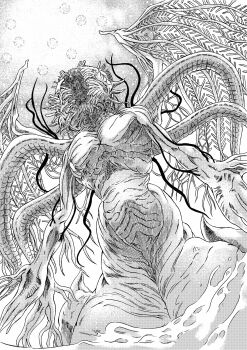 913kousatu absurdres bloodborne commentary_request ebrietas_daughter_of_the_cosmos eldritch_abomination greyscale highres monochrome monster no_humans skeletal_wings wings