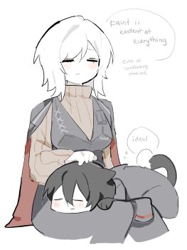 1boy 1girl animal_ears black_hair black_suit cat_boy cat_ears cat_tail closed_eyes closed_mouth couple english_text faust_(project_moon) formal_clothes hashtag-only_commentary hetero highres kohak091 limbus_company project_moon short_hair simple_background speech_bubble suit sweater_vest tail thought_bubble white_background white_hair yi_sang_(project_moon)