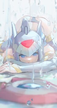 1girl absurdres ass blue_eyes blue_hair capcom foreshortening highres fairy_leviathan_(mega_man) looking_at_viewer mega_man_(series) mega_man_zero_(series) robot smile solo tanziya_(codlxcold) top-down_bottom-up