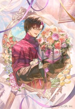 1boy :d alternate_costume black-framed_eyewear black_gloves black_hair blue_sky bouquet cloud colored_inner_hair commentary_request company_name copyright_notice flower glasses gloves holding holding_bouquet makitoshi0316 male_focus multicolored_hair nijisanji nijisanji_en official_art open_mouth orange_flower purple_flower purple_hair purple_shirt sample_watermark shirt sky smile solo teeth tongue tulip upper_teeth_only vezalius_bandage virtual_youtuber watermark yellow_eyes yellow_flower