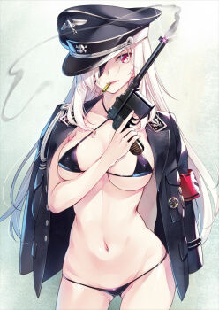 1girl bikini black_bikini blonde_hair breasts cowboy_shot female_focus gun handgun hat highres ikeda_yasuhiro large_breasts long_hair mauser_c96 md5_mismatch micro_bikini military military_uniform navel nazi original peaked_cap red_eyes shell_casing solo swastika swimsuit weapon