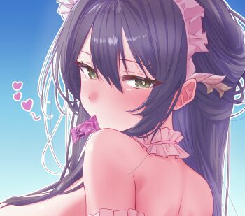 1girl arbiter1 azur_lane blue_sky blush breasts commentary_request completely_nude condom condom_in_mouth condom_wrapper day gradient_sky green_eyes hair_between_eyes hair_ornament headdress heart highres indomitable_(azur_lane) large_breasts leaf leaf_hair_ornament long_hair looking_at_viewer mouth_hold nude out-of-frame_censoring outdoors purple_hair sidelocks sky solo upper_body