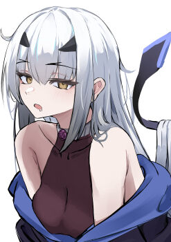 1girl absurdres bare_shoulders bikini black_bikini black_shrug blue_jacket breasts drooling fate/grand_order fate_(series) forked_eyebrows hashtag-only_commentary highres jacket long_hair long_sleeves looking_at_viewer melusine_(fate) melusine_(swimsuit_ruler)_(fate) melusine_(swimsuit_ruler)_(first_ascension)_(fate) multicolored_jacket off_shoulder open_mouth shrug_(clothing) sidelocks small_breasts solo swimsuit tail two-tone_jacket white_hair yellow_eyes yugusan5