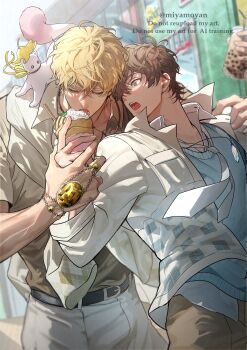 2boys alternate_costume animal animal_on_shoulder antenna_hair belt black_belt blonde_hair blue_sweater blurry blurry_background bracelet brown_eyes brown_hair brown_pants brown_shirt bubble_tea closed_eyes collared_shirt crepe crystal crystal_necklace cup disposable_cup eating eiden_(nu_carnival) ermine food gem hand_grab hand_on_another's_shoulder hand_up highres holding holding_crepe holding_cup holding_food ice_cream_crepe jacket jewelry looking_at_another male_focus miyamoyan multiple_boys necklace necktie nu_carnival open_clothes open_jacket open_mouth outdoors pants quincy_(nu_carnival) ring shirt short_hair sweater topper_(nu_carnival) twitter_username watch watermark weasel white_jacket white_necktie white_pants white_shirt wristwatch yaoi yellow_gem