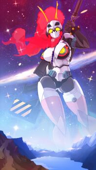 1girl absurdres antennae bikini bikini_top_only bracelet breasts cleavage colored_skin doll_joints fusion galaxy gun highres humanoid_robot jewelry joints large_breasts mecha_musume mechanization pink_thighhighs planet red_hair rifle robot robot_girl sky sniper_rifle square_of_light star_(sky) starry_sky swimsuit tengen_toppa_gurren_lagann tengen_toppa_gurren_lagann:_lagann-hen tengen_toppa_yoko_w_tank thighhighs weapon white_skin yellow_eyes