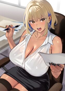 1girl bare_shoulders black_bra black_nails black_skirt black_thighhighs blonde_hair blue_hair blurry blurry_background blush bra bra_visible_through_clothes breasts brown_eyes chair cleavage collarbone collared_shirt colored_inner_hair cowboy_shot dark-skinned_female dark_skin desk dress_shirt eyelashes eyes_visible_through_hair from_above hair_intakes holding holding_paper holding_pen holding_pencil indoors jewelry lace lace-trimmed_bra lace_trim large_breasts looking_at_viewer mechanical_pencil miniskirt mole mole_on_breast multicolored_hair nail_polish necklace office_chair office_lady ooshima_aki open_mouth original paper partially_unbuttoned pen pencil pencil_skirt scowl see-through_clothes see-through_shirt shirt shirt_tucked_in short_hair sitting skindentation skirt sleeveless sleeveless_shirt solo swivel_chair tan teeth thighhighs two-tone_hair underwear upper_teeth_only v-shaped_eyebrows white_shirt window wing_collar yellow_eyes zettai_ryouiki