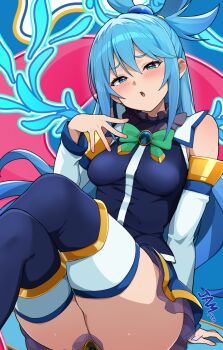 1girl aqua_(konosuba) blue_eyes blue_hair blue_shirt blue_skirt blush bow bowtie breasts commentary_request detached_sleeves green_bow green_bowtie hair_ornament hair_rings highres jampen kono_subarashii_sekai_ni_shukufuku_wo! long_hair looking_at_viewer medium_breasts open_mouth shirt single_hair_ring skirt solo sphere_hair_ornament thighhighs