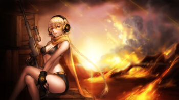 1girl alternate_costume animal_ears bikini bikini_top_only blonde_hair blue_eyes braid breasts bullet cleavage cloud crate ekdlem_(artist) female_focus fire food fruit gloves gun headphones highres long_hair orange_(fruit) rifle scarf seeu shorts sitting sky sniper sniper_rifle solo sunset swimsuit vocaloid weapon