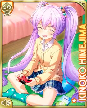 1girl bedroom blue_skirt card_(medium) character_name closed_eyes controller day food-themed_hair_ornament game_controller girlfriend_(kari) hair_ornament himejima_kinoko indoors laughing long_hair long_sleeves miniskirt mushroom official_art on_floor open_mouth plaid_clothes plaid_skirt pleated_skirt purple_hair qp:flapper school_uniform shirt sitting skirt smile solo sweater tagme twintails very_long_hair white_shirt yellow_eyes yellow_sweater
