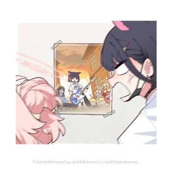 2girls airi_(band)_(blue_archive) airi_(blue_archive) anger_vein black_choker black_hair black_mask blue_archive choker commentary donmin_h english_commentary hair_bun hair_ornament hairclip halo kazusa_(band)_(blue_archive) kazusa_(blue_archive) mask mouth_mask multicolored_hair multiple_girls natsu_(band)_(blue_archive) natsu_(blue_archive) official_art open_mouth photo_(object) pink_hair shirt white_shirt yoshimi_(band)_(blue_archive) yoshimi_(blue_archive)