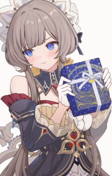 Rule 34 | 1girl, absurdres, bare shoulders, black collar, black sleeves, blue eyes, blush, bonnet, bow, box, brown hair, closed mouth, collar, commentary request, detached collar, detached sleeves, embarrassed, floral bow, gem, genshin impact, gift, gift box, gloves, headdress, highres, holding, holding box, holding gift, long sleeves, marekamico, red gem, sandrone (genshin impact), short hair with long locks, simple background, white background, white gloves, white headdress, winding key
