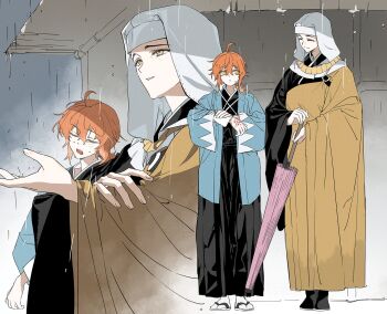 2girls ahoge black_kimono blue_haori buddhist_nun command_spell fate/grand_order fate_(series) fujimaru_ritsuka_(female) haori highres japanese_clothes kimono multiple_girls oil-paper_umbrella orange_eyes orange_hair qkqajrwk rain sessyoin_kiara smile umbrella wimple yellow_eyes