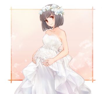 Rule 34 | 1girl, black hair, dress, hibike! euphonium, highres, hisaishi kanade, jewelry, pregnant, ring, wedding dress, wedding ring, white dress