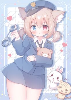 >_< 1girl :t @_@ ^^^ animal animal_ear_fluff animal_ears bear black_necktie blue_border blue_eyes blue_hat blue_jacket blue_skirt blush border brown_hair cat cat_ears cat_girl closed_mouth collared_shirt commentary_request cowboy_shot cuffs drop_shadow grid_background hair_between_eyes hanasakichu handcuffs hat heart heterochromia highres jacket long_sleeves looking_at_viewer low_twintails miniskirt necktie original outside_border police rabbit red_eyes shirt short_hair short_twintails skirt solo star_(symbol) twintails white_background white_shirt