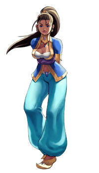 Rule 34 | 1girl, ahoge, arabian clothes, arika, arms behind back, blue eyes, breasts, brown hair, capcom, cleavage, dark-skinned female, dark skin, earrings, female focus, harem pants, jewelry, lips, long hair, navel, necklace, official art, pants, pointy shoes, ponytail, pullum purna, sash, shoes, solo, street fighter, street fighter ex (series), vest