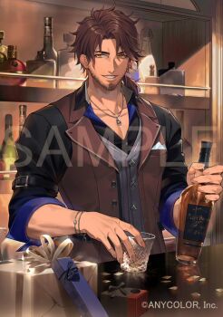 1boy alcohol belmond_banderas black_shirt bottle box bracelet brown_hair brown_jacket buttons collared_shirt confetti copyright_notice cup curtained_hair diamond_button facial_hair gift gift_box grey_vest grin holding holding_bottle holding_cup jacket jewelry kiki_(re_6xxx) looking_at_viewer low_ponytail male_focus medium_hair necklace nijisanji open_clothes open_collar open_jacket orange_eyes pectoral_cleavage pectorals ponytail reflective_table sample_watermark shelf shirt short_ponytail sleeve_garter sleeveless sleeveless_jacket sleeves_rolled_up smile solo stubble table thick_eyebrows upper_body vest virtual_youtuber watermark whiskey