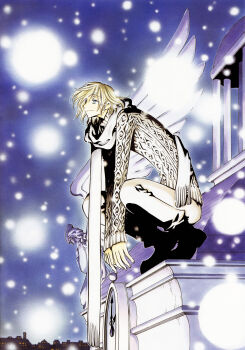 1boy absurdres aran_sweater blonde_hair blue_eyes cable_knit clamp fai_d._flowright from_side half-closed_eyes highres male_focus outdoors scarf short_hair snow snowing solo sweater tsubasa_chronicle white_scarf white_sweater