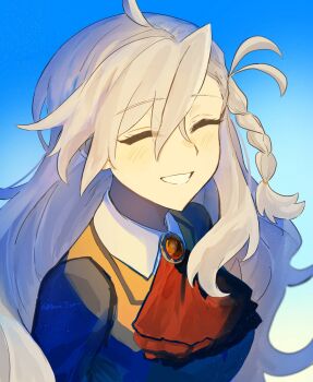 1234eabc 1girl ^_^ ahoge ascot closed_eyes collared_shirt fate/grand_order fate_(series) gradient_background grin highres light_blush long_hair olga_marie_animusphere portrait red_ascot shirt smile solo twitter_username white_hair