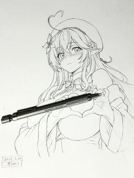 1girl ahoge beret blush bow bowtie braid buttons closed_mouth collared_shirt elf flower frills graphite_(medium) hair_between_eyes hair_flower hair_ornament hat heart heart_ahoge heart_hands highres hololive jacket looking_at_viewer pointy_ears seo_tatsuya shirt side_braid simple_background solo traditional_media virtual_youtuber yukihana_lamy