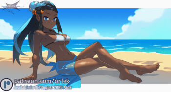 1girl arm_support artist_logo artist_name beach bikini black_hair blue_eyes blue_eyeshadow blue_hair blue_sarong crossed_legs dark-skinned_female dark_skin earrings eyeshadow hair_bun hoop_earrings jewelry logo long_hair makeup multicolored_hair nessa_(pokemon) nintendo orlek parted_hair pokemon pokemon_swsh sarong single_hair_bun solo swimsuit two-tone_hair white_bikini