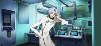 1boy adjusting_eyewear arm_up armband artist_request blue_eyes blue_hair blue_shirt coat code_geass code_geass:_lost_stories cowboy_shot game_cg glasses hair_intakes half-closed_eyes hand_on_own_hip happy high_collar highres indoors lab_coat laboratory leaning_forward lloyd_asplund long_sleeves looking_at_viewer male_focus monitor non-web_source official_art open_mouth pocket rimless_eyewear shirt short_hair smile solo standing white_coat
