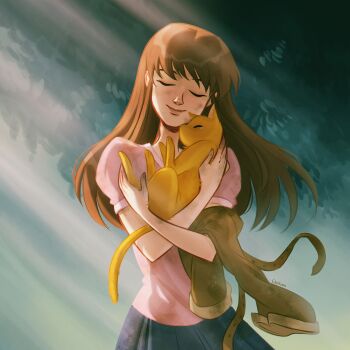Rule 34 | 1boy, 1girl, alternate form, animal, brown hair, cat, chalseu, closed eyes, closed mouth, commentary, cowboy shot, english commentary, fruit basket, fruits basket, highres, holding, holding animal, holding jacket, holding unworn clothes, honda tohru, jacket, light rays, long hair, orange cat, smile, sohma kyou, twitter username, unworn jacket