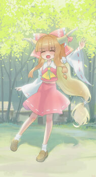 Rule 34 | 1girl, absurdres, alternate costume, ascot, bow, brown horns, brown shoes, chinese commentary, closed eyes, commentary request, cosplay, detached sleeves, facing viewer, frilled bow, frills, full body, hair bow, hakurei reimu, hakurei reimu (cosplay), highres, horn ornament, horn ribbon, horns, ibuki suika, loafers, long hair, oni, open mouth, orange hair, outdoors, red bow, red skirt, ribbon, ribbon-trimmed skirt, ribbon-trimmed sleeves, ribbon trim, shoes, skirt, skirt set, smile, socks, toorooo, touhou, tree, very long hair, white socks, yellow ascot
