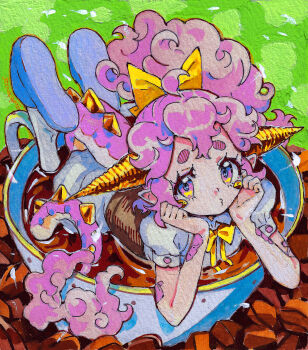 1girl absurdres bow brown_corset coffee corset cup curly_hair dragon_girl eudetenis feet_up fluffy_hair from_above gold_horns green_background hair_between_eyes head_rest highres long_eyelashes looking_at_viewer lying mini_person minigirl on_stomach original partially_submerged pink_eyes pink_hair ponytail_holder puffy_short_sleeves puffy_sleeves pursed_lips scales shirt short_eyebrows short_sleeves skirt slippers socks solo tail teacup the_pose thick_eyebrows traditional_media white_shirt white_skirt white_socks