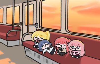 ahoge blonde_hair blue_eyes blue_hair blush bocchi_the_rock! chibi cube_hair_ornament detached_ahoge gotoh_hitori hair_between_eyes hair_ornament highres ijichi_nijika jacket kessoku_band kita_ikuyo long_hair long_sleeves lulalang multiple_girls one_side_up open_mouth pink_hair pink_jacket pink_track_suit red_hair school_uniform shimokitazawa_high_school_uniform shirt shuka_high_school_uniform side_ahoge simple_background sleeping smile sunset track_jacket track_suit train train_interior yamada_ryo