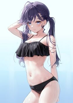 1girl absurdres ahoge arm_up bare_shoulders blue_background blue_eyes blush breasts cleavage closed_mouth collarbone commentary enu_illustip gakuen_idolmaster gradient_background highres idolmaster kaya_rinha large_breasts long_hair looking_at_viewer navel purple_hair simple_background solo standing stomach sweat twintails water wet white_background