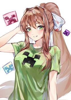 1girl alternate_costume bow breasts commentary creeper doki_doki_literature_club english_commentary green_eyes green_shirt hair_bow hair_intakes highres long_hair minecraft monika_(doki_doki_literature_club) ponytail shirt smile solo very_long_hair waeronnn white_bow