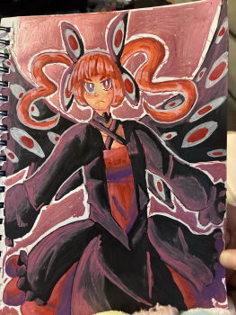 1girl digimon digimon_(creature) fusion hiddenhope looking_at_viewer red_eyes shademon shademon_(haruko_ver.) traditional_media yamada_haruko