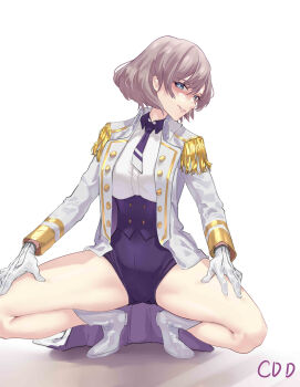 1girl absurdres blue_eyes bob_cut boots breasts brown_hair corset cou_di_di gloves gridman_universe highres jacket looking_at_viewer military_jacket military_uniform mujina necktie purple_corset purple_necktie purple_shorts short_hair shorts simple_background spread_legs squatting ssss.dynazenon tassel thick_thighs thighs underbust white_boots white_gloves white_jacket