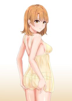 1girl absurdres ass ass_lift ass_support babydoll back blush breasts brown_eyes brown_hair butt_crack comiket_95 commentary_request cowboy_shot from_behind frown grabbing_own_ass gradient_background green_panties grey_background hands_on_own_ass highres isshiki_iroha lingerie looking_at_viewer looking_back medium_hair meri-san multi-strapped_panties panties shoulder_blades simple_background small_breasts solo spaghetti_strap thighs thong underwear underwear_only white_background yahari_ore_no_seishun_lovecome_wa_machigatteiru. yellow_babydoll