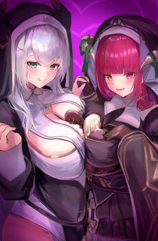 Rule 34 | 2girls, absurdres, asymmetrical docking, black gloves, blush, breast press, breasts, cleavage, cleavage cutout, clothing cutout, demon horns, fang, gloves, green eyes, hair ornament, hand on own chest, heart cutout, heterochromia, highres, hololive, horns, houshou marine, houshou marine (ahoy!! you're all pirates), interlocked fingers, kama boko17, large breasts, long hair, looking at viewer, multiple girls, official alternate costume, red eyes, red hair, shirogane noel, shirogane noel (battle nun), skin fang, smile, tongue, tongue out, virtual youtuber, x hair ornament, yellow eyes