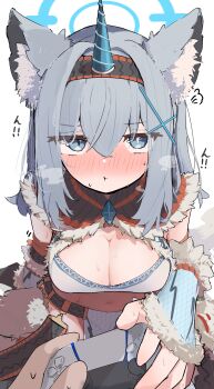 1girl absurdres alternate_costume animal_ear_fluff animal_ears armor bikini bikini_armor black_capelet black_hairband blue_archive blue_eyes blush bracer breasts capelet cleavage controller fur_trim game_controller hairband highres holding holding_controller holding_game_controller horns kirin_(armor) large_breasts looking_at_viewer monster_hunter_(series) nyashiro_(sgylk) pout shiroko_(blue_archive) single_horn sweatdrop swimsuit unicorn_horn white_bikini wolf_ears wolf_girl