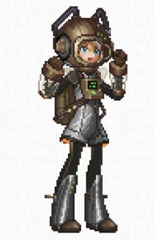 1girl arm_cannon armored_boots black_leggings blue_eyes boots brown_gloves brown_hair clenched_hands commentary_request computer diving_helmet full_body gloves grey_jumpsuit hands_up helmet jetpack jumpsuit leggings legs_apart looking_ahead official_alternate_costume open_mouth pixel_art reverse:1999 solo spathodea_(onwards_to_victory)_(reverse:1999) spathodea_(reverse:1999) standing weapon xjsbca