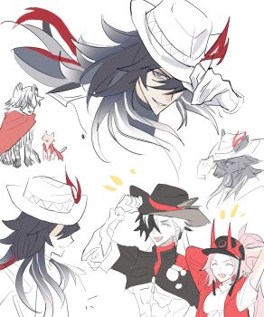 Rule 34 | 1girl, 2boys, ^ ^, ashveil (honkai: star rail), black hair, boothill (honkai: star rail), bright pupils, closed eyes, commentary request, cowboy hat, cropped jacket, fake horns, fedora, gloves, gradient hair, hand on headwear, hat, hat ornament, highres, honkai: star rail, honkai (series), horns, jwisae232, korean commentary, long hair, mob cap, multicolored hair, multiple boys, pink hair, rappa (honkai: star rail), simple background, smile, streaked hair, white hair
