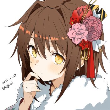 1girl absurdres bigkwl brown_hair commentary_request flower fur-trimmed_kimono fur_trim furutaka_(kancolle) furutaka_(new_year)_(kancolle) hair_flower hair_ornament highres japanese_clothes kantai_collection kimono looking_at_viewer official_alternate_costume short_hair solo yellow_eyes
