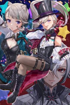 1boy 2girls animal_ears arlecchino_(genshin_impact) black_eyes black_footwear black_gloves black_hair black_shorts blonde_hair boots bow breasts brother_and_sister brown_thighhighs card cat_ears cat_girl closed_mouth coat facial_mark genshin_impact gloves grey_coat grey_hair grey_jacket hair_between_eyes hat highres holding holding_card jacket long_hair long_sleeves looking_at_viewer lynette_(genshin_impact) lyney_(genshin_impact) male_focus medium_breasts multicolored_hair multiple_girls purple_eyes red_pupils shirt short_hair shorts siblings smile snow20200 star_(symbol) star_facial_mark streaked_hair symbol-shaped_pupils teardrop_facial_mark thighhighs top_hat two-tone_hair white_hair white_shirt white_sleeves x-shaped_pupils