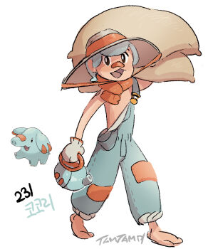 1boy bandaid bandaid_on_face bandaid_on_nose barefoot black_eyes blue_hair blue_overalls bright_pupils commentary farmer full_body gen_2_pokemon grey_hat hat holding holding_watering_can male_focus nintendo open_mouth orange_scarf overalls personification phanpy pokemon pokemon_(creature) reference_inset scarf short_hair signature simple_background tamtamdi translated watering_can white_background white_pupils