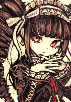 1girl black_dress black_hair black_nails celestia_ludenberg closed_mouth commentary_request danganronpa:_trigger_happy_havoc danganronpa_(series) dress drill_hair earrings frilled_sleeves frills headdress highres interlocked_fingers jewelry long_hair long_sleeves looking_at_viewer own_hands_together red_eyes solo tsukihi_shida twin_drills upper_body